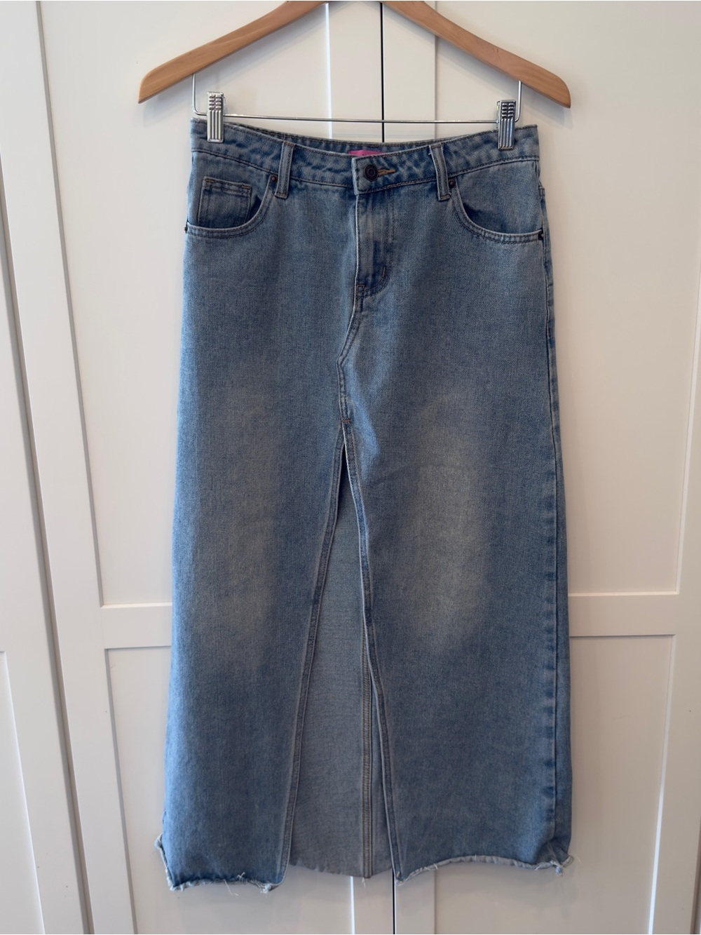 Edikted Light Blue Denim Maxi Skirt with Front Slit Size Small Y2K Jean Skirt